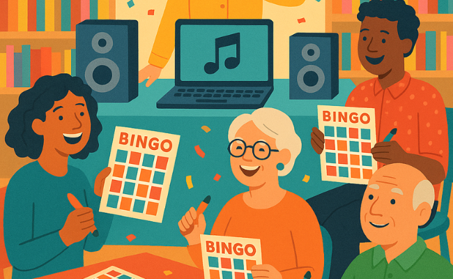 Cartoon van senioren die bingo spelen.