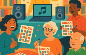 Cartoon van senioren die bingo spelen.